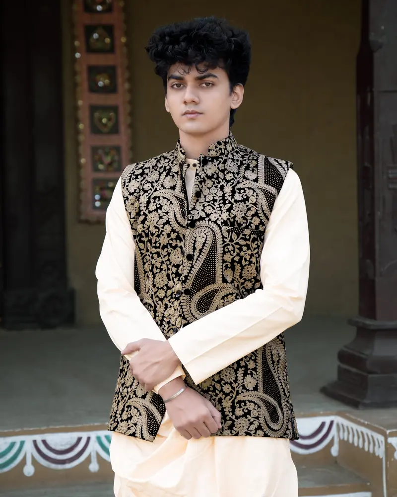 Albescent Beige Velvet Tikki Work With Cotton Embroidered Thread Work Badhgala Sherwani 3