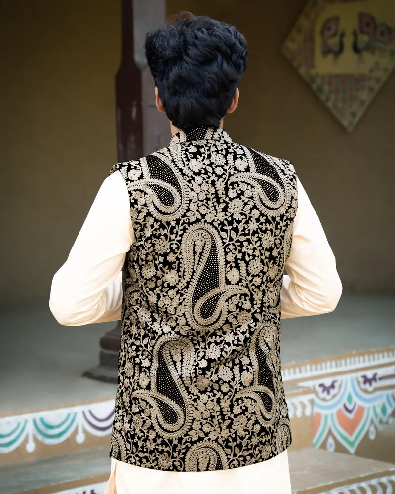 Albescent Beige Velvet Tikki Work With Cotton Embroidered Thread Work Badhgala Sherwani 4