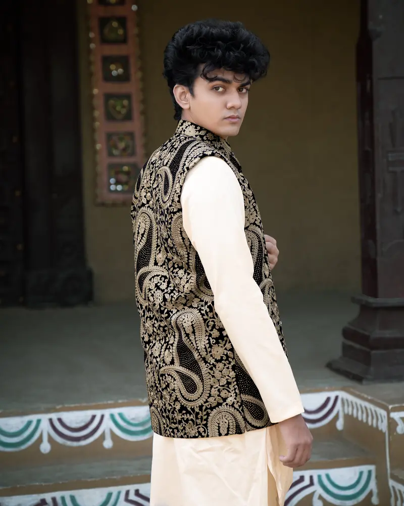 Albescent Beige Velvet Tikki Work With Cotton Embroidered Thread Work Badhgala Sherwani 5