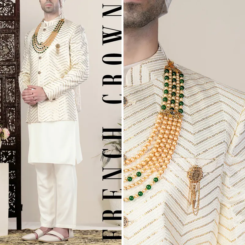Albescent Cream Chevron Sequin Embroidered Jodhpuri 1