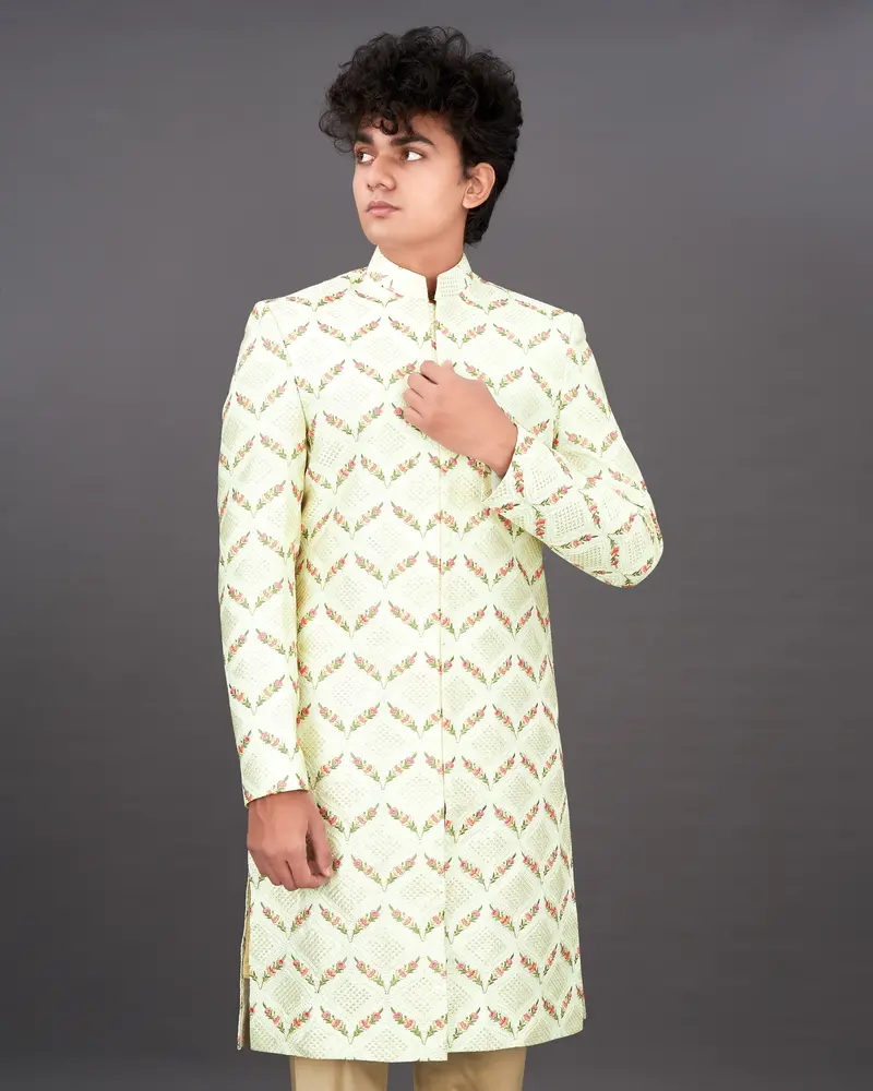 Albescent Cream Embroidered With Tikki Work Sherwani With Kurta And Pants Set 1