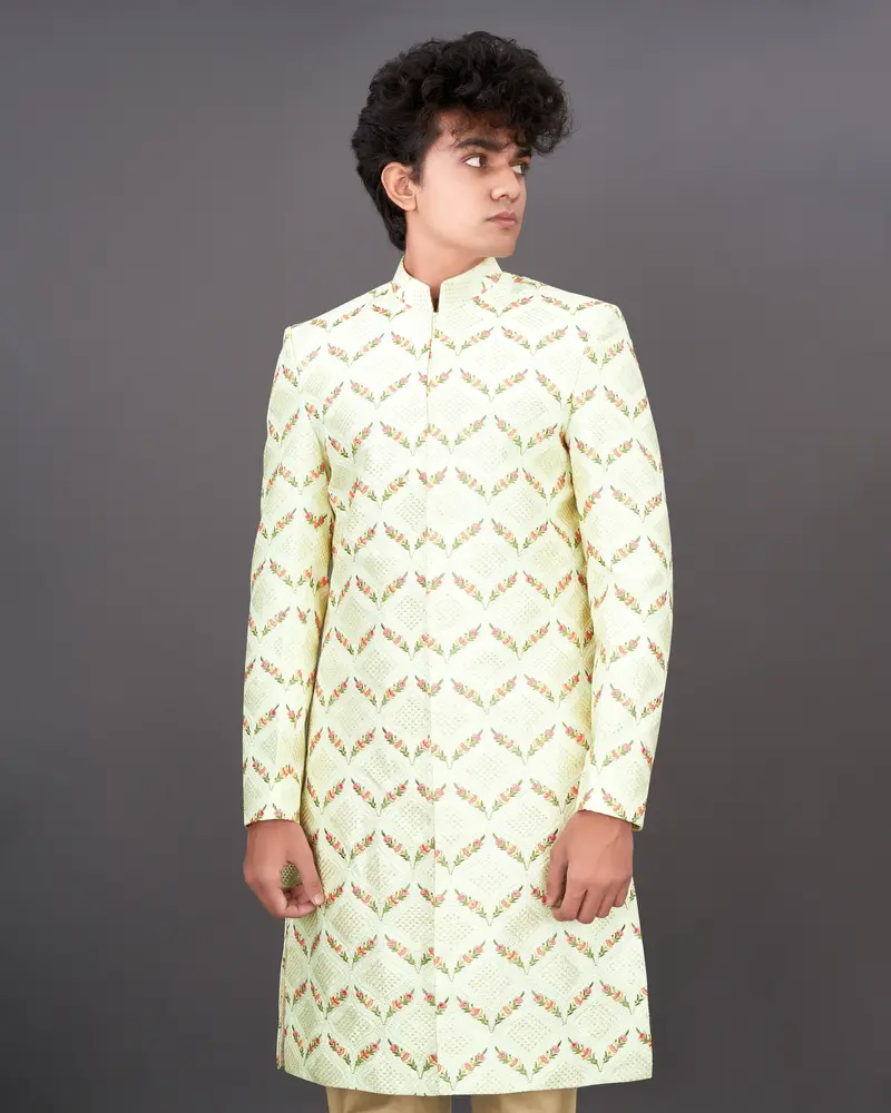 Albescent Cream Embroidered With Tikki Work Sherwani With Kurta And Pants Set 2