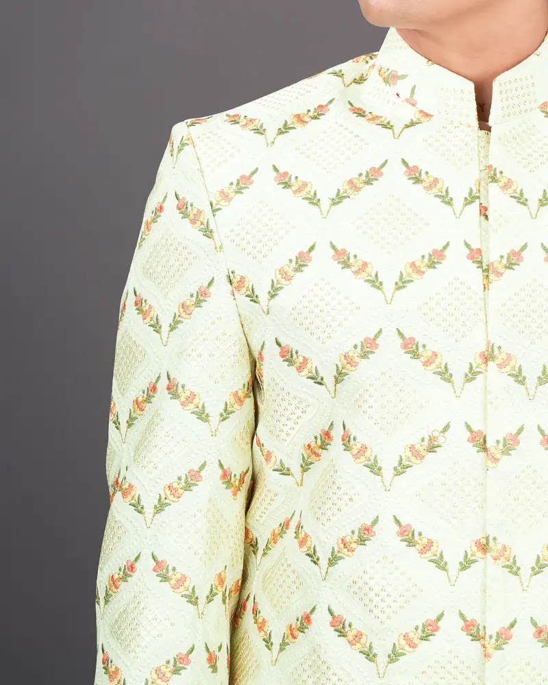 Albescent Cream Embroidered With Tikki Work Sherwani With Kurta And Pants Set 3