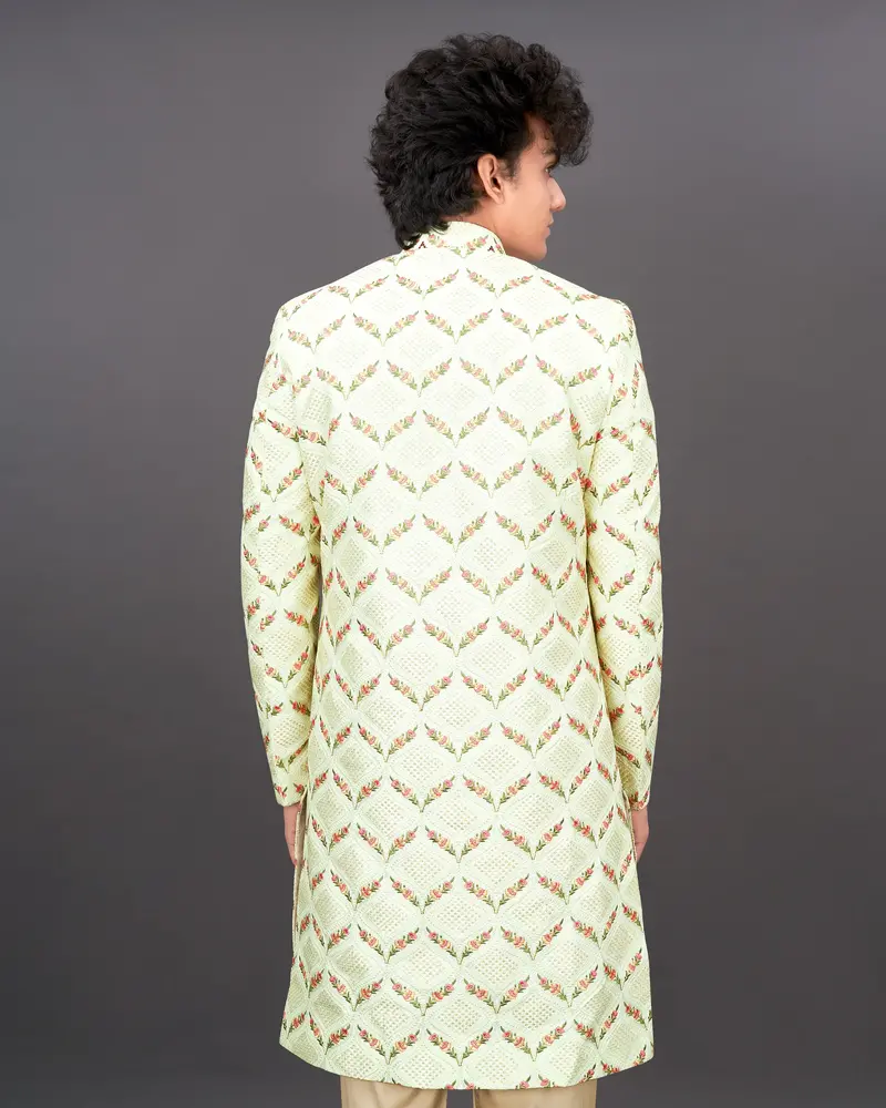 Albescent Cream Embroidered With Tikki Work Sherwani With Kurta And Pants Set 4