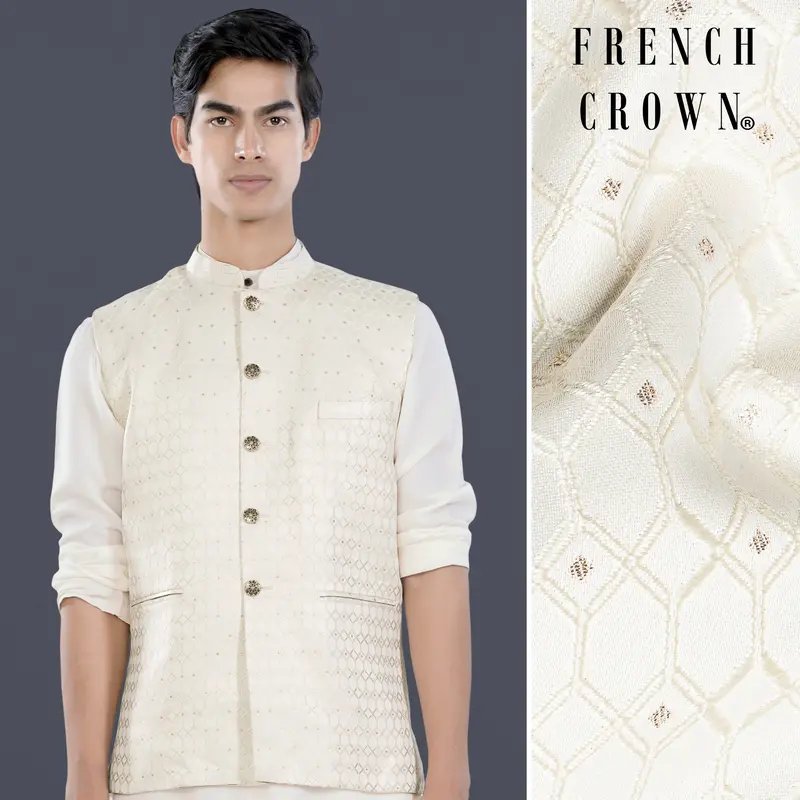 Albescent Cream Trellis Jacquard Textured Designer Nehru Jacket 1