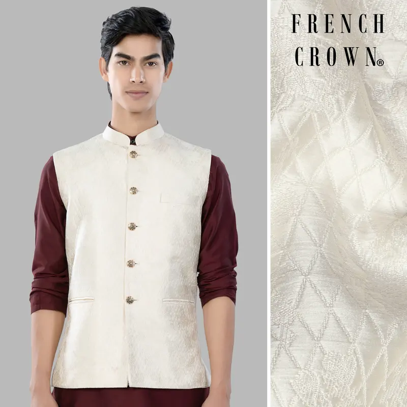 Albescent Cream Trellis Jacquard Textured Designer Nehru Jacket 1