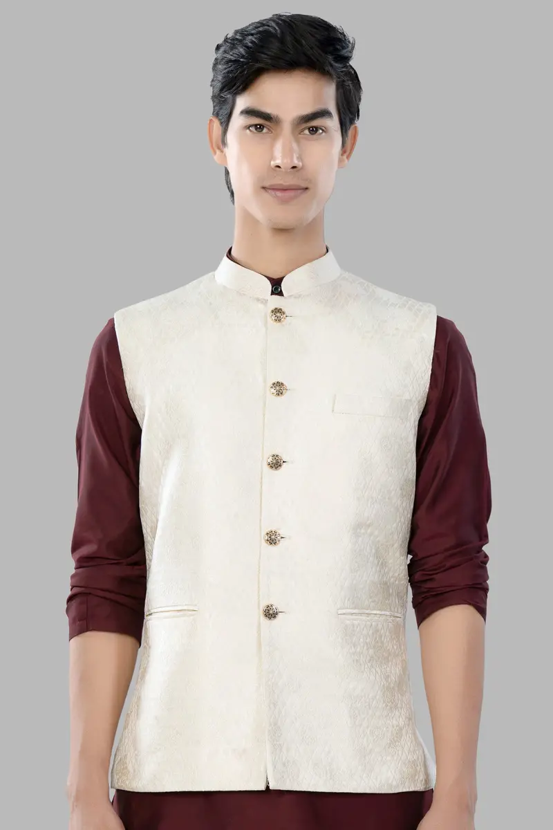 Albescent Cream Trellis Jacquard Textured Designer Nehru Jacket 2