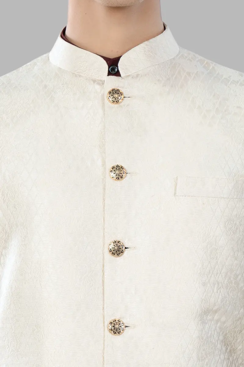Albescent Cream Trellis Jacquard Textured Designer Nehru Jacket 4