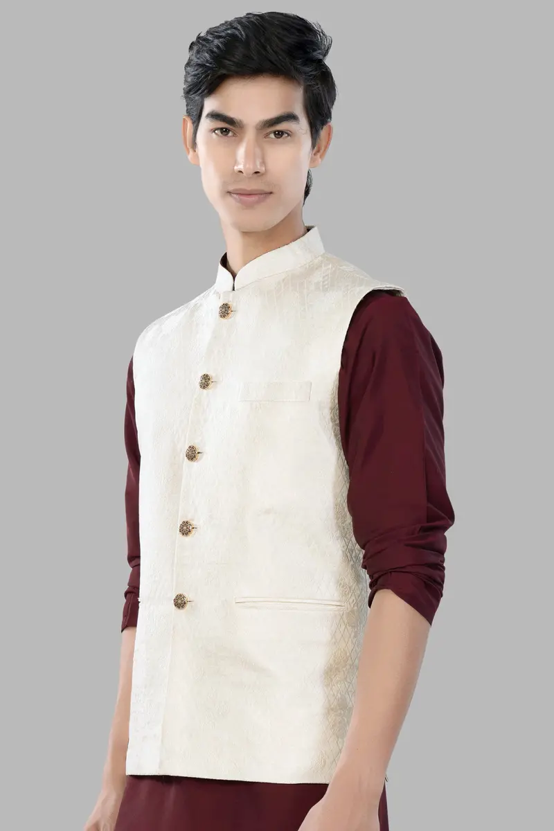 Albescent Cream Trellis Jacquard Textured Designer Nehru Jacket 5