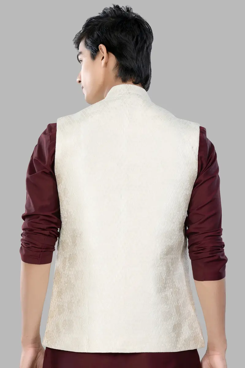 Albescent Cream Trellis Jacquard Textured Designer Nehru Jacket 6