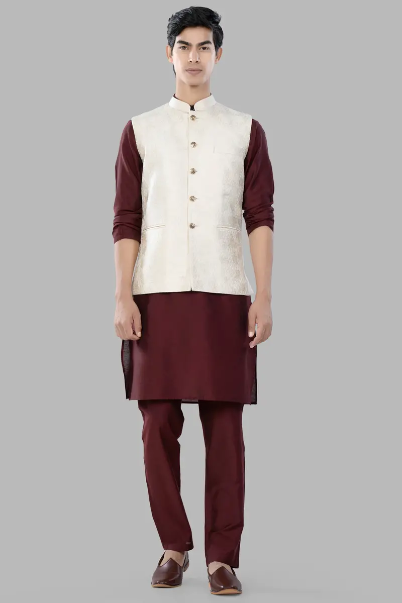Albescent Cream Trellis Jacquard Textured Designer Nehru Jacket 7