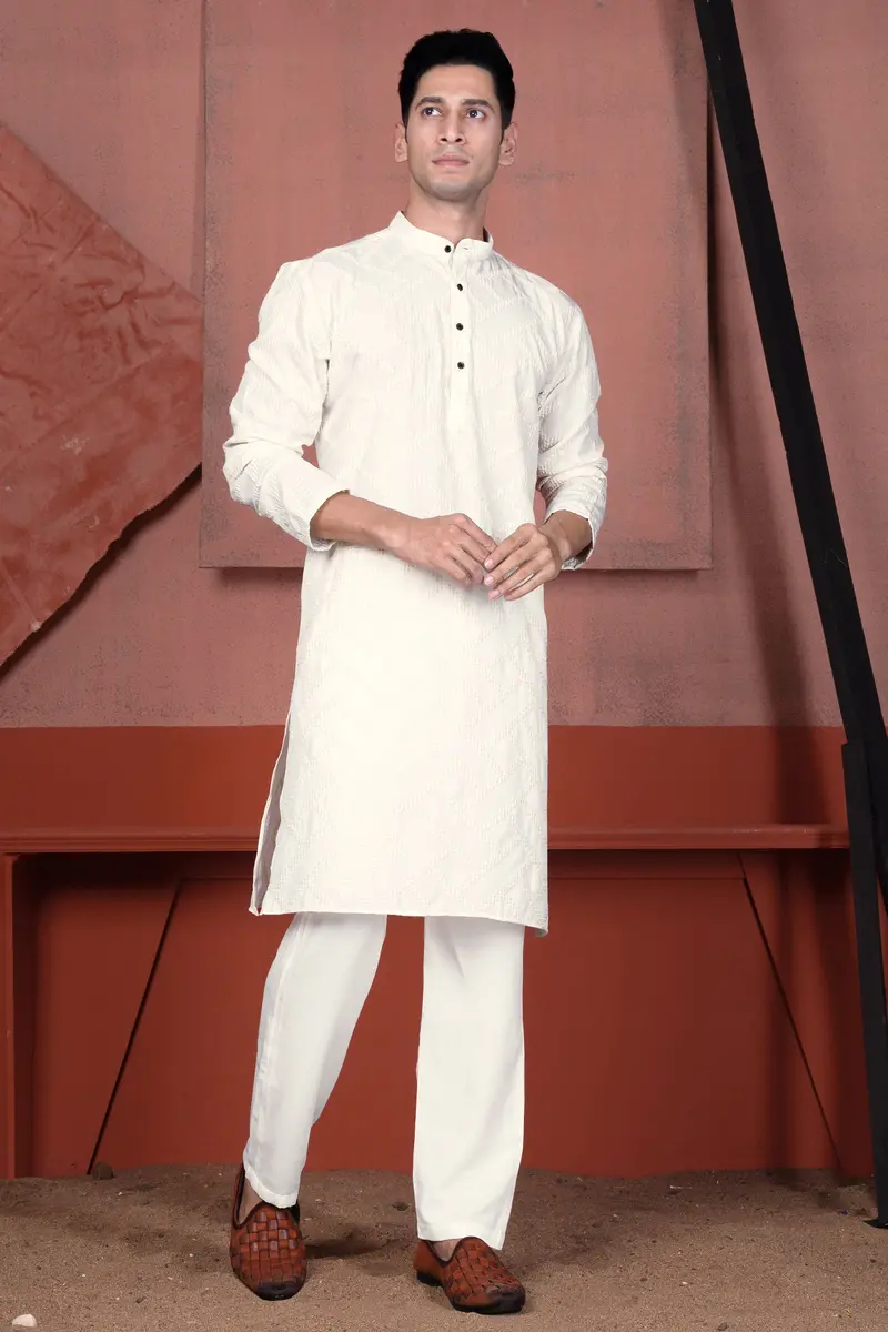 Albescent Cream Viscose Embroidered Designer Kurta Set 2