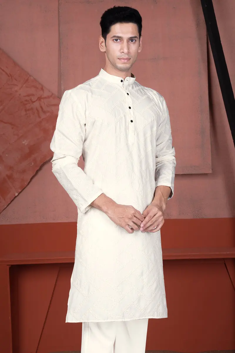 Albescent Cream Viscose Embroidered Designer Kurta Set 5