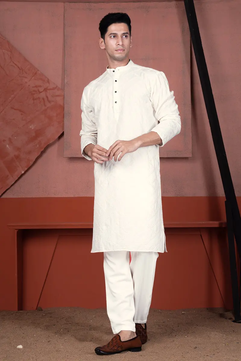 Albescent Cream Viscose Embroidered Designer Kurta Set 6