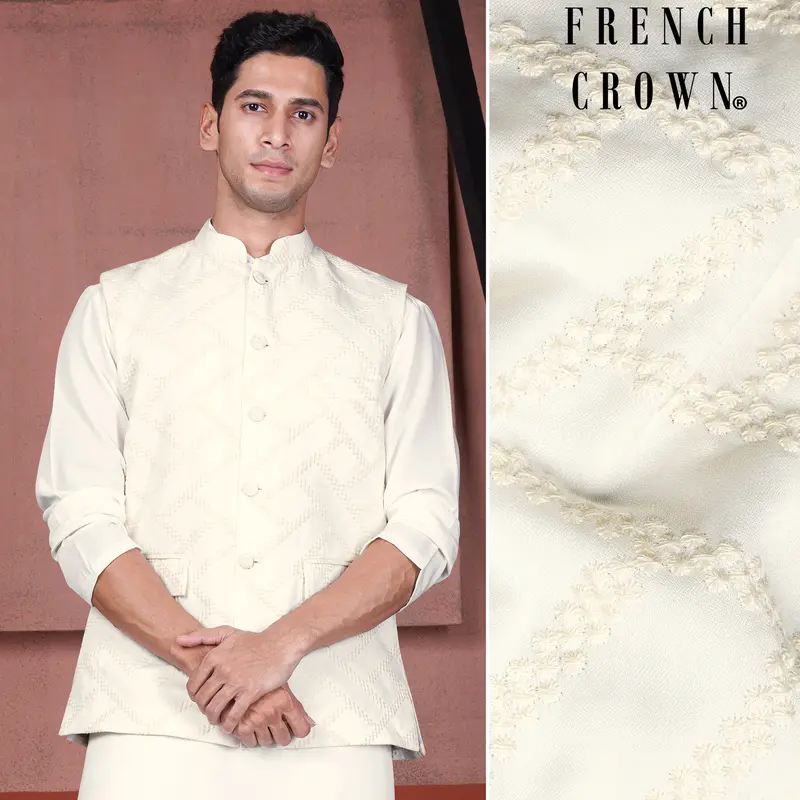 Albescent Cream Viscose Embroidered Designer Nehru Jacket 1