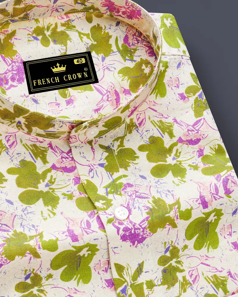 Albescent Cream With Alpine Green Multicolour Floral Textured Luxurious Linen Shirt 1