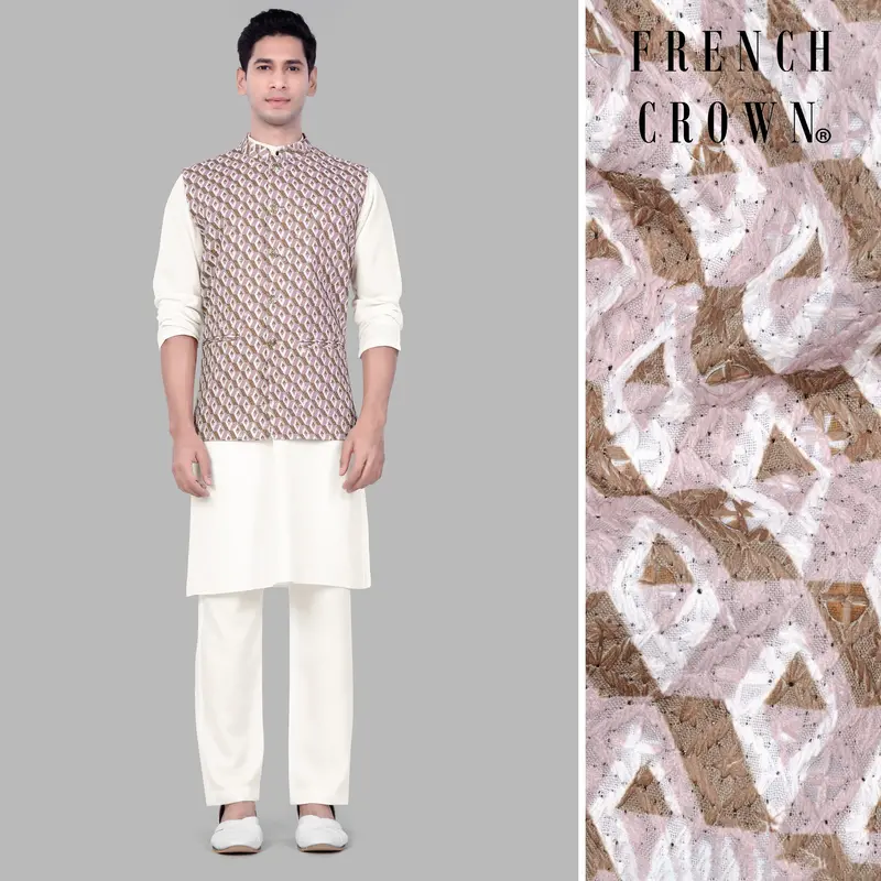Albescent Cream With Clam Shell Pink And Roman Coffee Brown 3D Box Quilt Embroidered Nehru Jacket 1