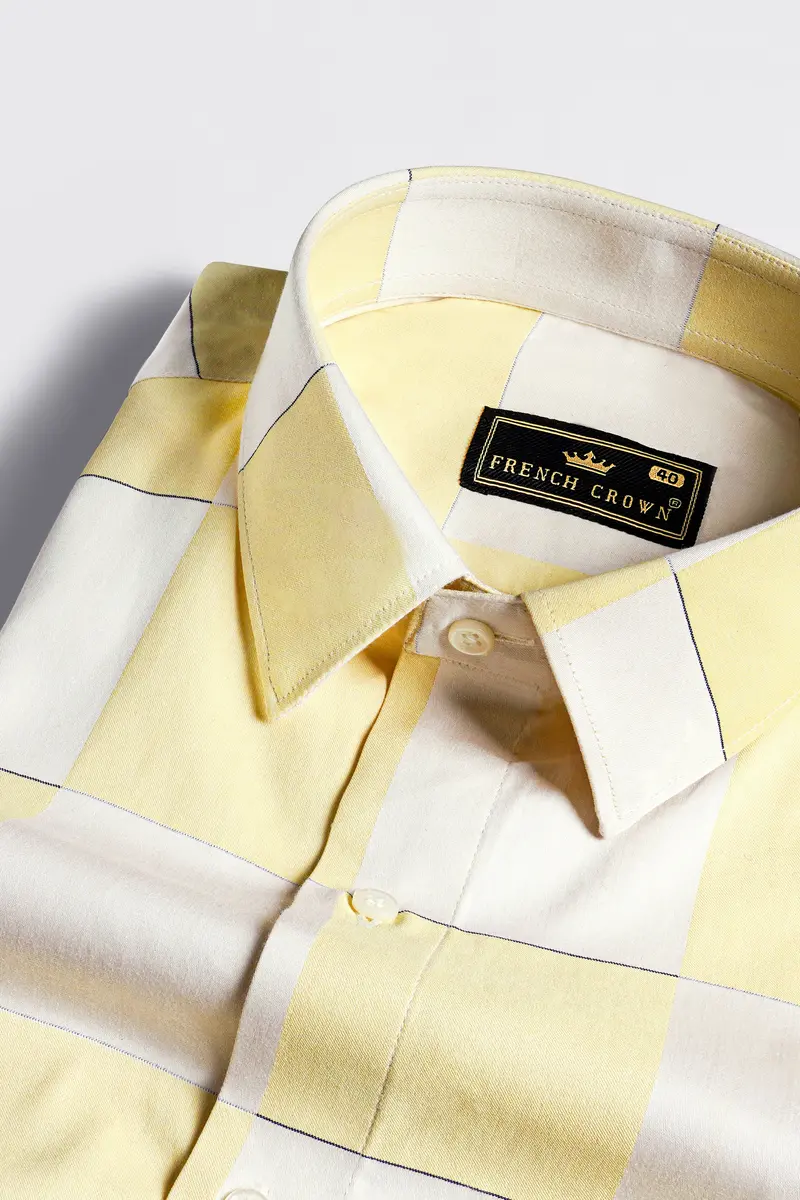 Albescent Cream With Maezipan Yellow Checked Jacquard Textured Premium Giza Cotton Shirt 1