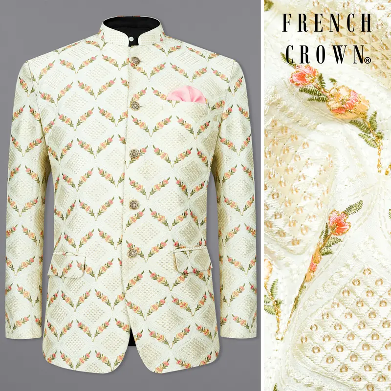 Albescent Cream With Sequins Embroidered Bandhgala Blazer 1