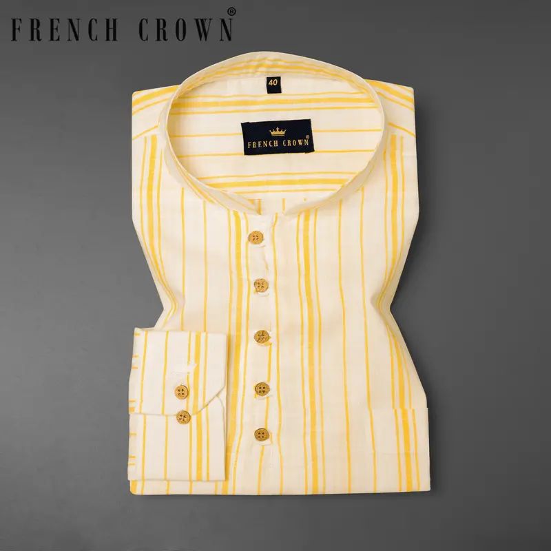 Albescent White With Goldenrod Striped Luxurious Linen Shirt 1