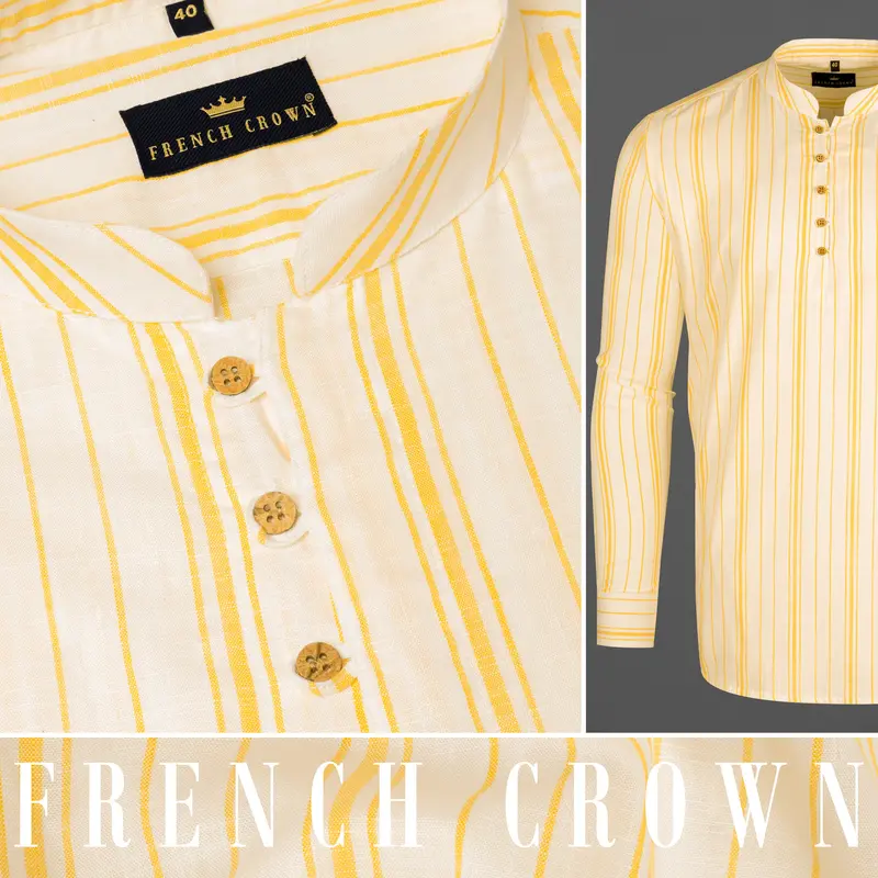 Albescent White With Goldenrod Striped Luxurious Linen Shirt 10