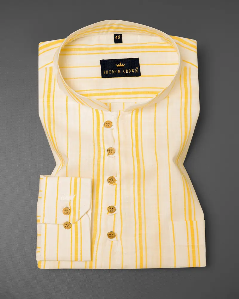 Albescent White With Goldenrod Striped Luxurious Linen Shirt 2