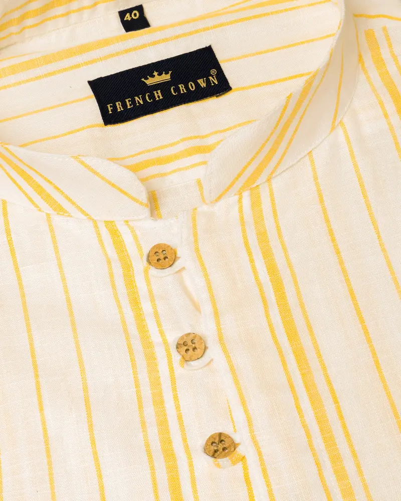 Albescent White With Goldenrod Striped Luxurious Linen Shirt 4