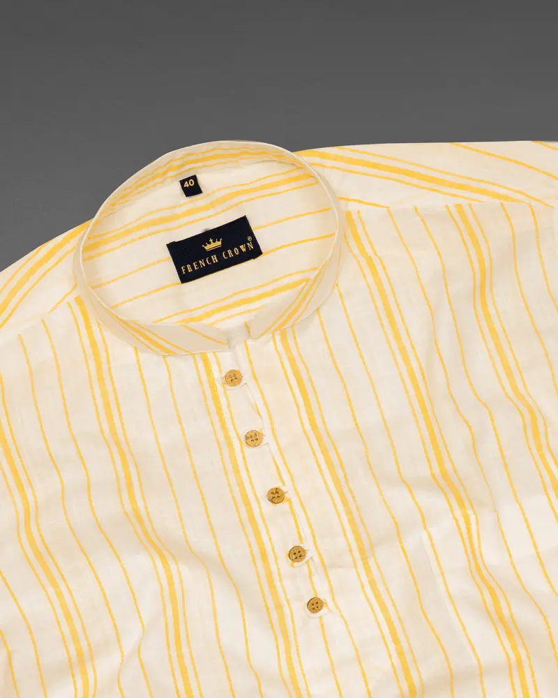 Albescent White With Goldenrod Striped Luxurious Linen Shirt 5
