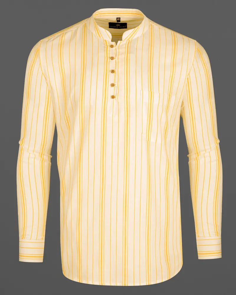 Albescent White With Goldenrod Striped Luxurious Linen Shirt 6