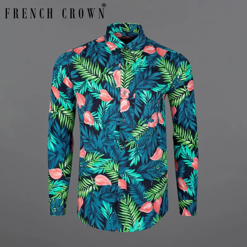 Allports Blue And Mantis Green Leaves Printed Premium Cotton Shirt 1