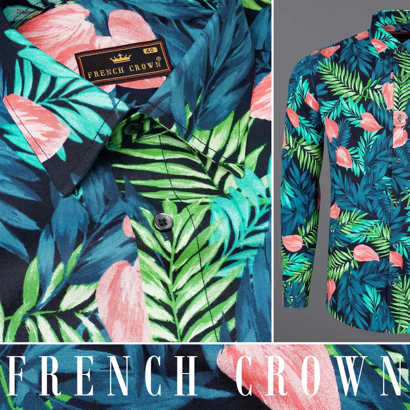 Allports Blue And Mantis Green Leaves Printed Premium Cotton Shirt 11