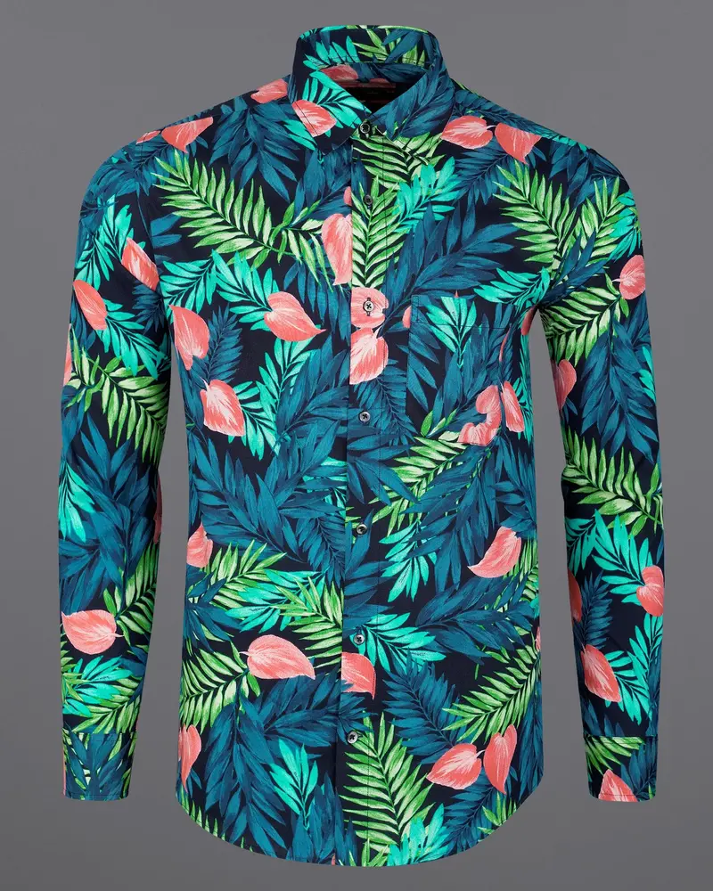 Allports Blue And Mantis Green Leaves Printed Premium Cotton Shirt 2