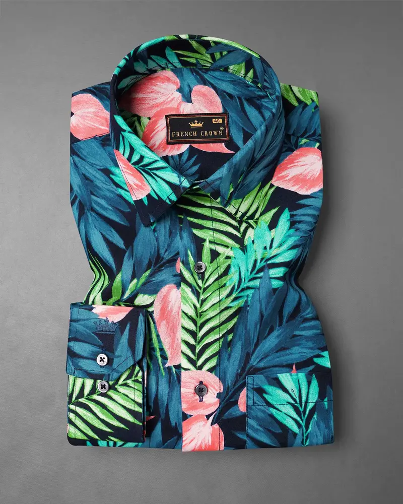Allports Blue And Mantis Green Leaves Printed Premium Cotton Shirt 4