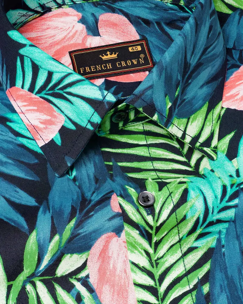 Allports Blue And Mantis Green Leaves Printed Premium Cotton Shirt 5