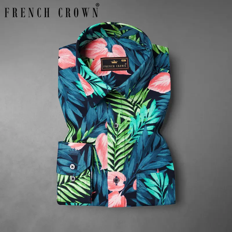 Allports Blue And Mantis Green Leaves Printed Premium Cotton Shirt 8