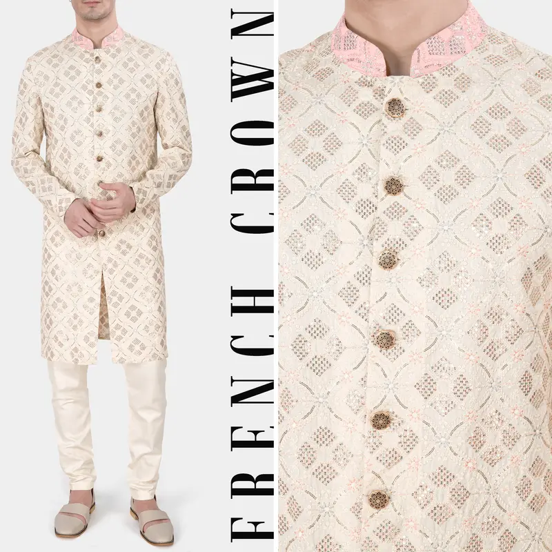 Almond Beige And Cosmos Pink Embroidered With Sequins Work Sherwani With Kurta And Pajama Set 1