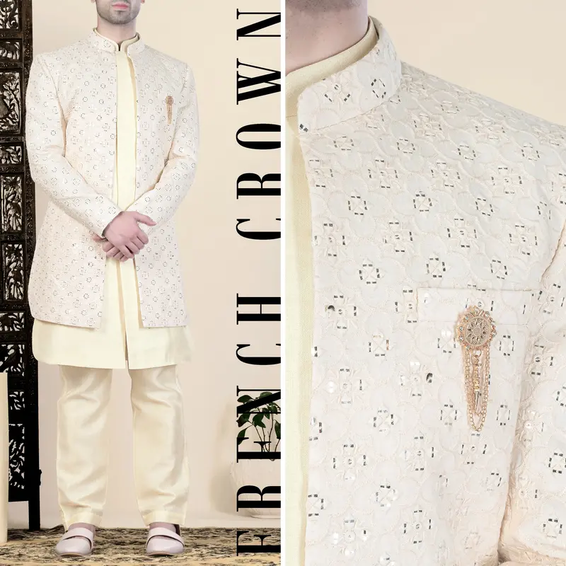 Almond Beige Thread And Sequin Embroidered Indo-Western 1