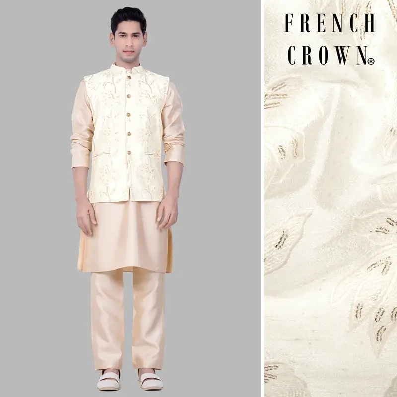Almond Brown Kurta Set With Bright White Designer Sequin And Thread Embroidered Nehru Jacket 1