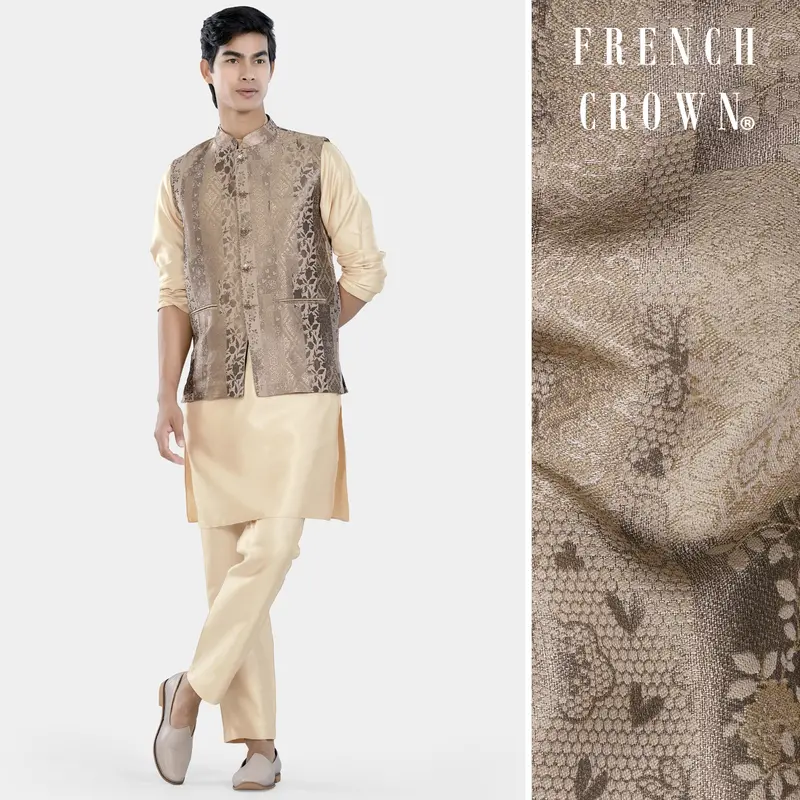 Almond Brown Kurta Set With Cashmere And Sandrift Brown Floral Jacquard Textured Designer Nehru Jacket 1