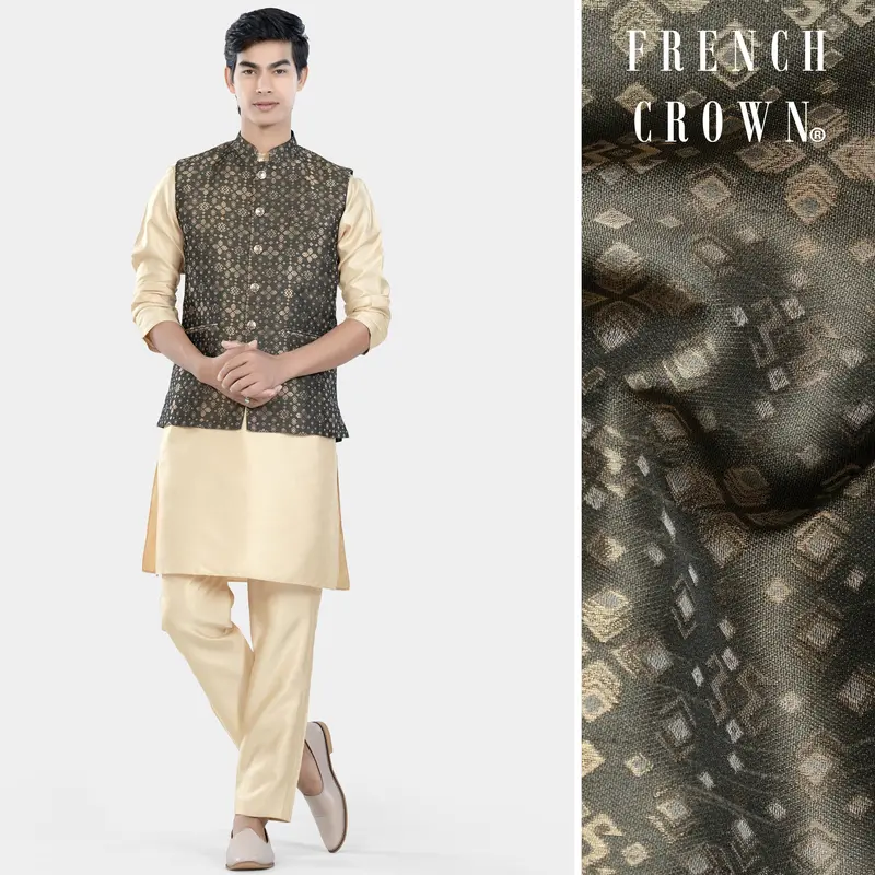 Almond Brown Kurta Set With Fuscous Green And Mongoose Brown Floral Jacquard Textured Designer Nehru Jacket 1