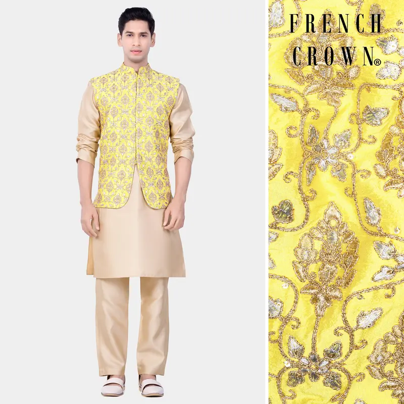 Almond Brown Kurta Set With Marigold Yellow And Quicksand Brown Thread Embroidered Nehru Jacket 1