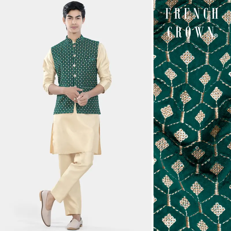 Almond Brown Kurta Set With Sherpa Green And Givry Cream Hexagon Sequin And Thread Embroidered Designer Nehru Jacket 1