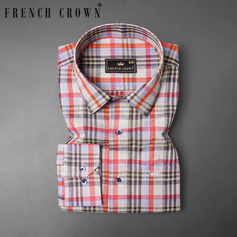 Almond Brown Plaid Dobby Textured Premium Giza Cotton Shirt 7