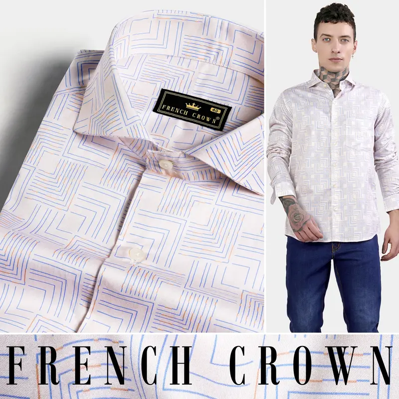 Almond Cream And Danube Blue Printed Subtle Sheen Super Soft Premium Cotton Shirt 4
