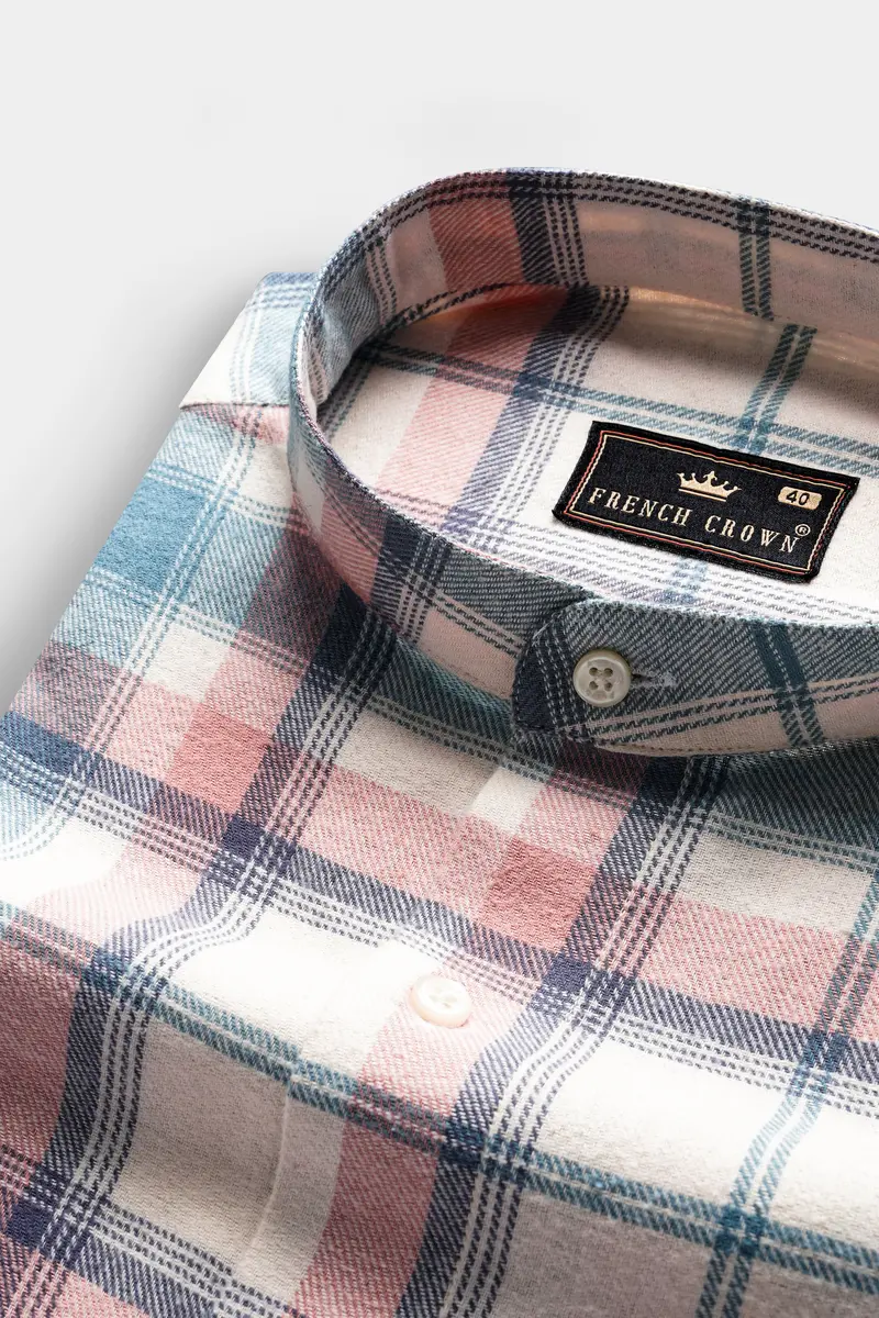 Almond Cream And Turkish Pink Plaid Flannel Cotton Shirt 1