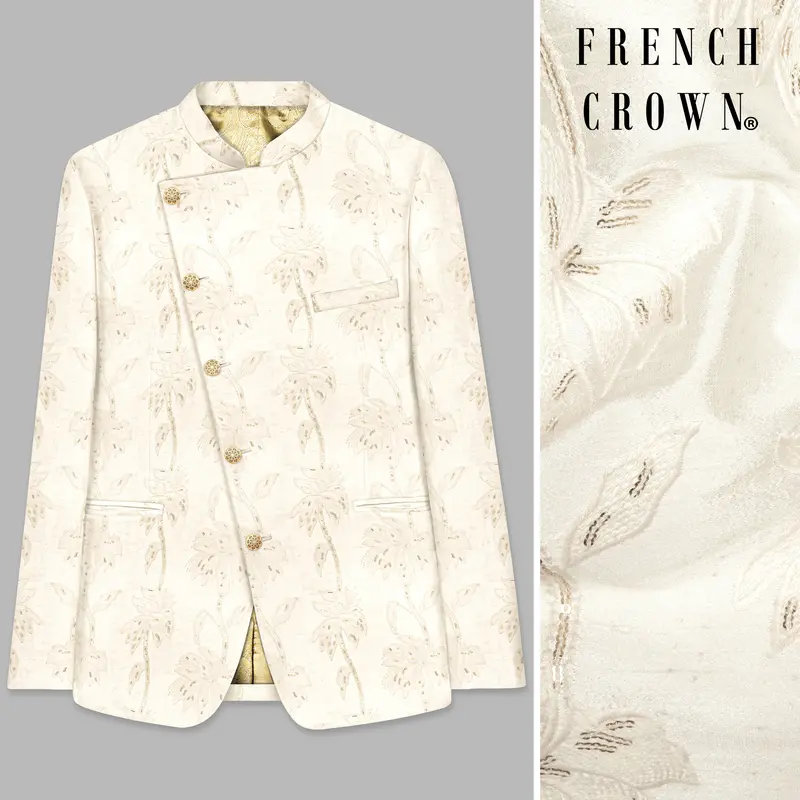 Almond Cream Designer Sequin And Thread Embroidered Cross Placket Bandhgala Jodhpuri 1