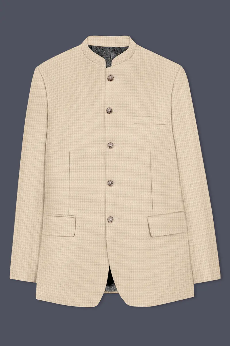 Almond-Pavlova Cream Plaid Wool Rich Bandhgala Blazer 12