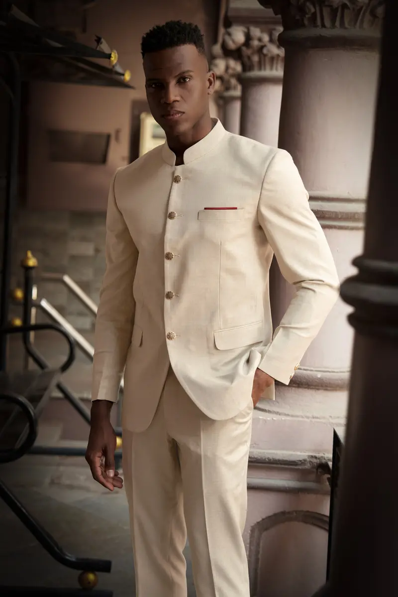 Almond-Pavlova Cream Plaid Wool Rich Bandhgala Blazer 4