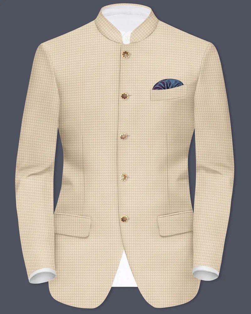 Almond-Pavlova Cream Plaid Wool Rich Bandhgala Blazer 8