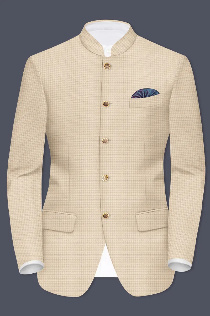 Almond-Pavlova Cream Plaid Wool Rich Bandhgala Blazer 9